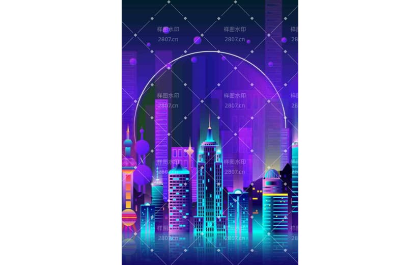 紫色梦幻未来城市建筑炫彩背景