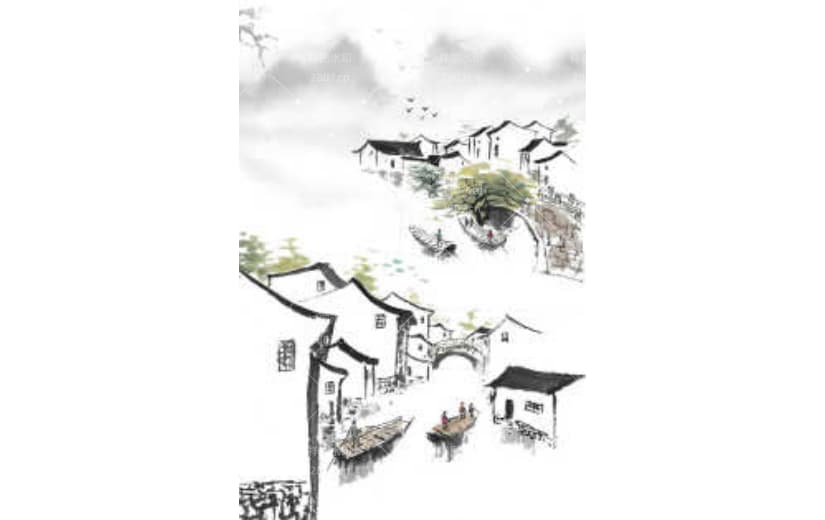 水墨小镇中国风山水古风意境背景