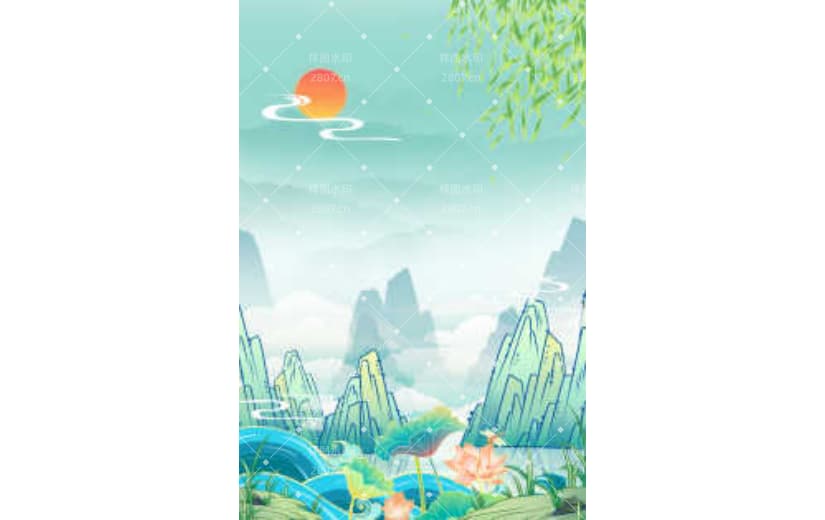 国潮中国风山水插画卡通背景