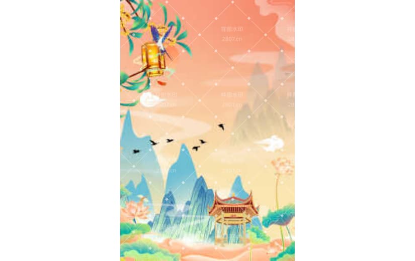 国潮山水插画中国风建筑背景