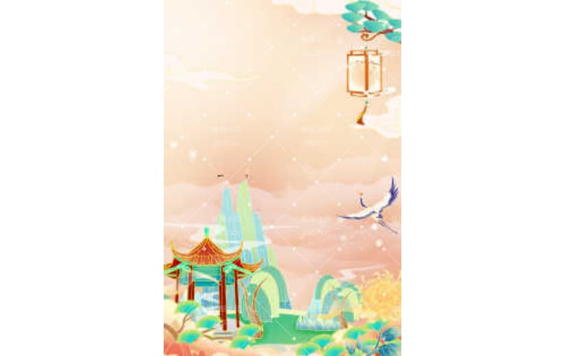国潮山水插画建筑中国风仙鹤背景