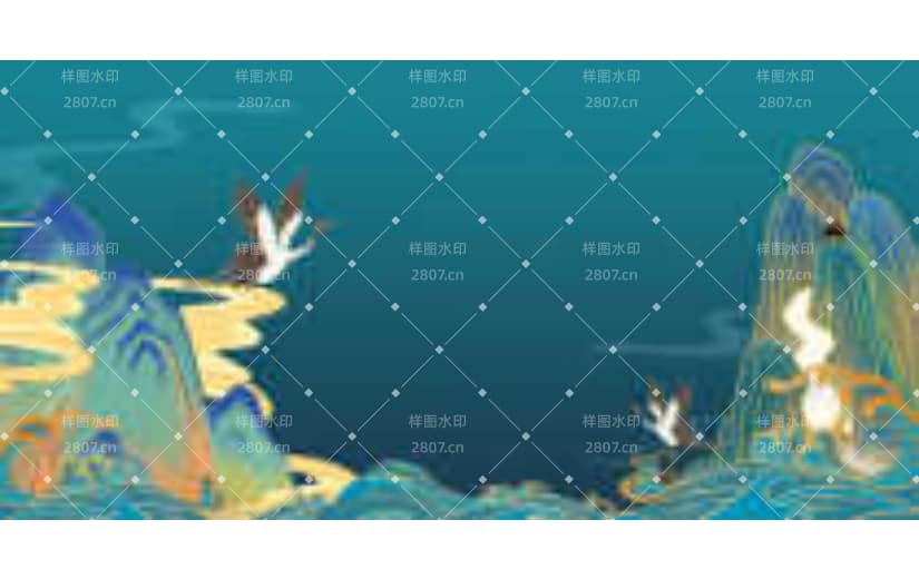 绿色复古国潮山水插画宣传背景