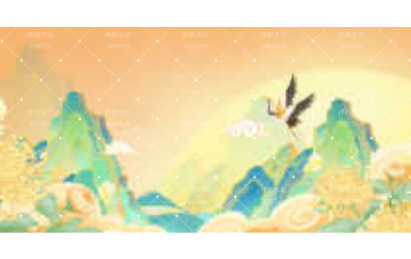国潮山水插画仙鹤主题卡通背景