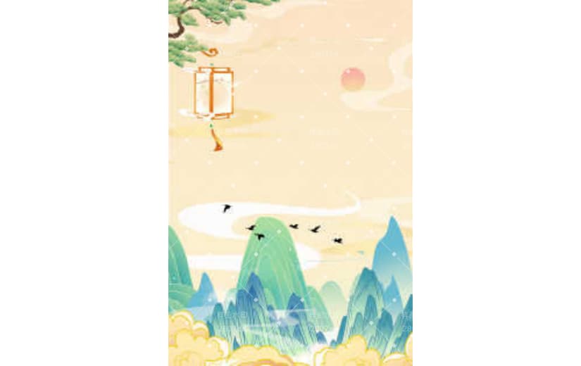 国潮山水插画仙鹤节日背景