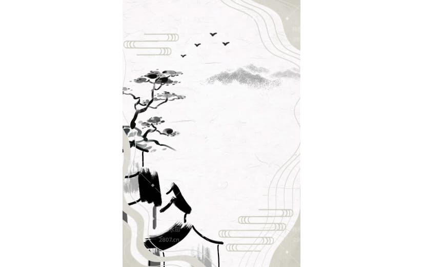白露秋风萧瑟房屋松树水墨中国风背景