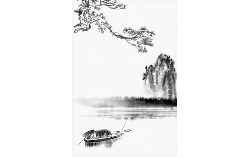 中国风水墨山水渔船背景