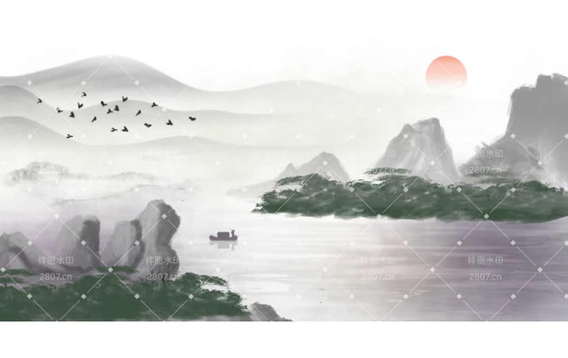 水上河岸中国风水墨画背景
