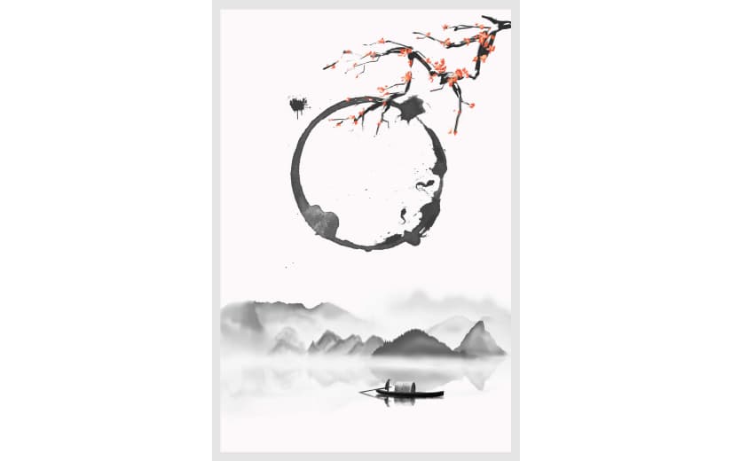 中国风水墨江面渔夫船山花背景
