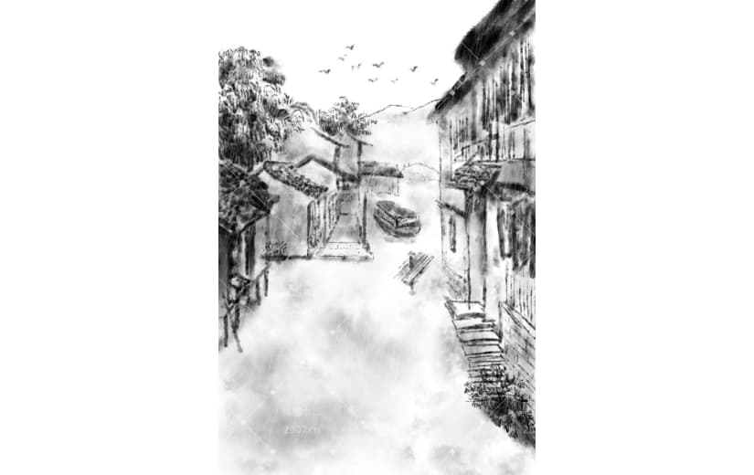 水墨中国风烟雨江南水墨元素背景