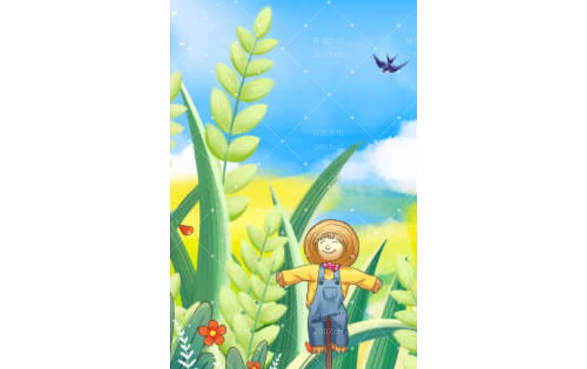 小满节气插画稻草人麦穗背景