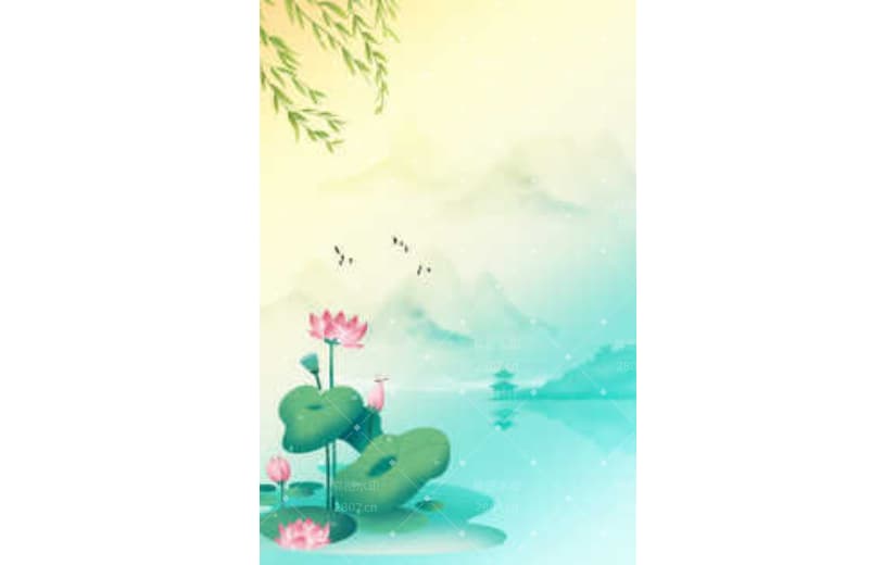 夏至荷塘柳树中国风手绘背景