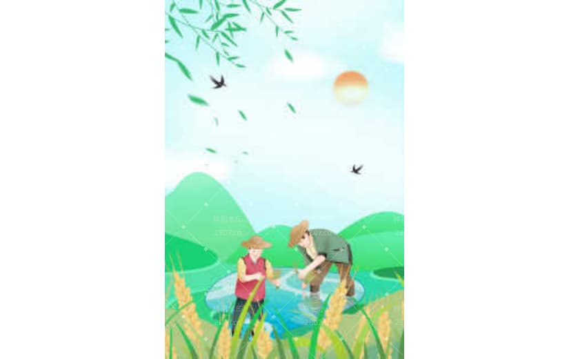 绿色卡通插画风景芒种播种背景