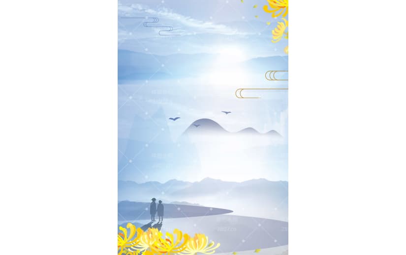 蓝色卡通重阳节山水背景