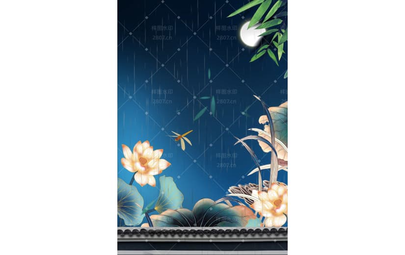 蓝色文艺清新谷雨节气荷花背景