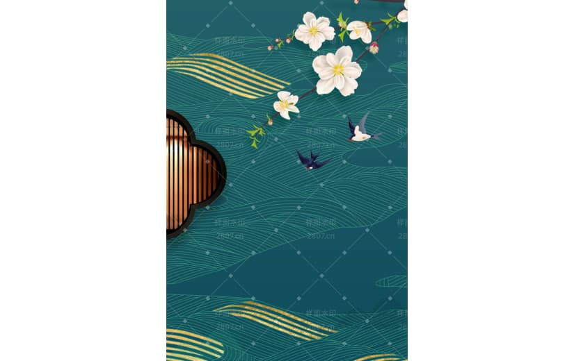 绿色古风桃花节气春天背景