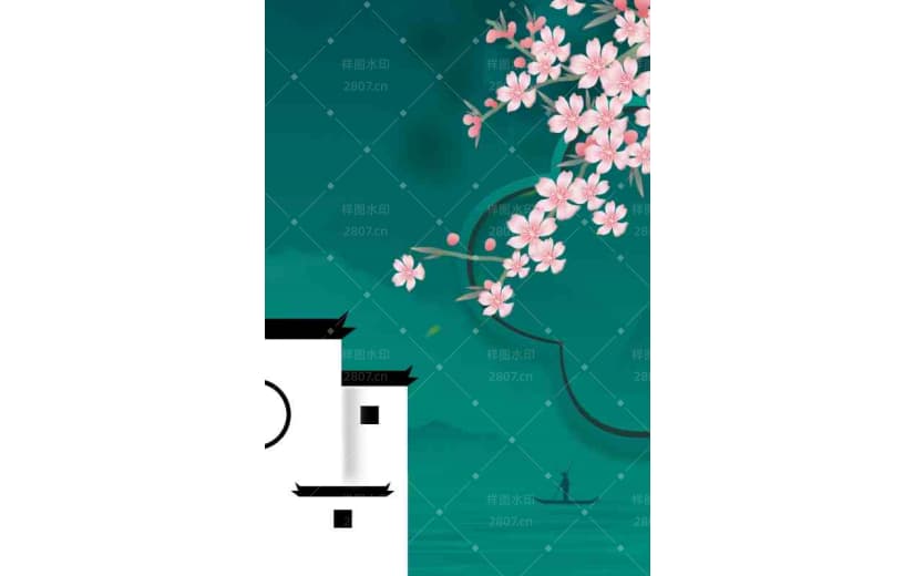 绿色建筑桃花春天节气背景