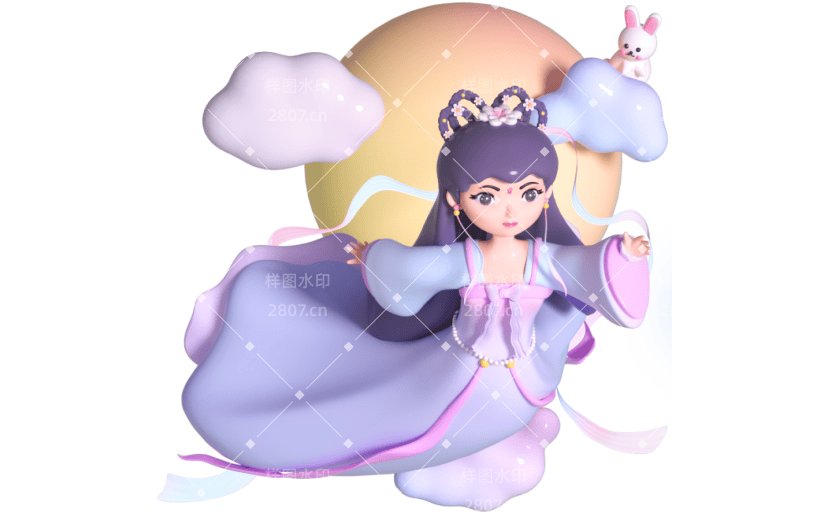 3D立体卡通创意中秋节嫦娥奔月古风人物元素
