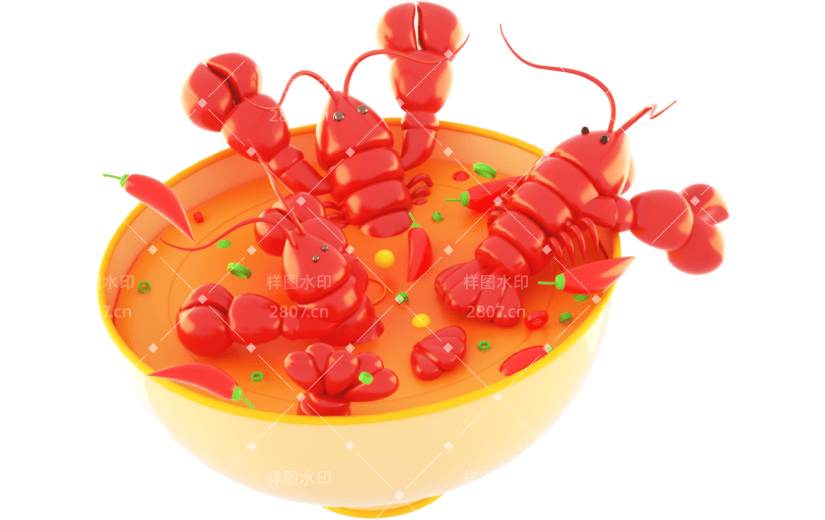 3D立体卡通一碗小龙虾夏日美食元素