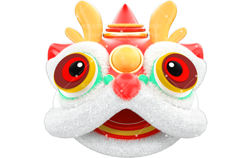 红色喜庆狮子头狮头3D元素