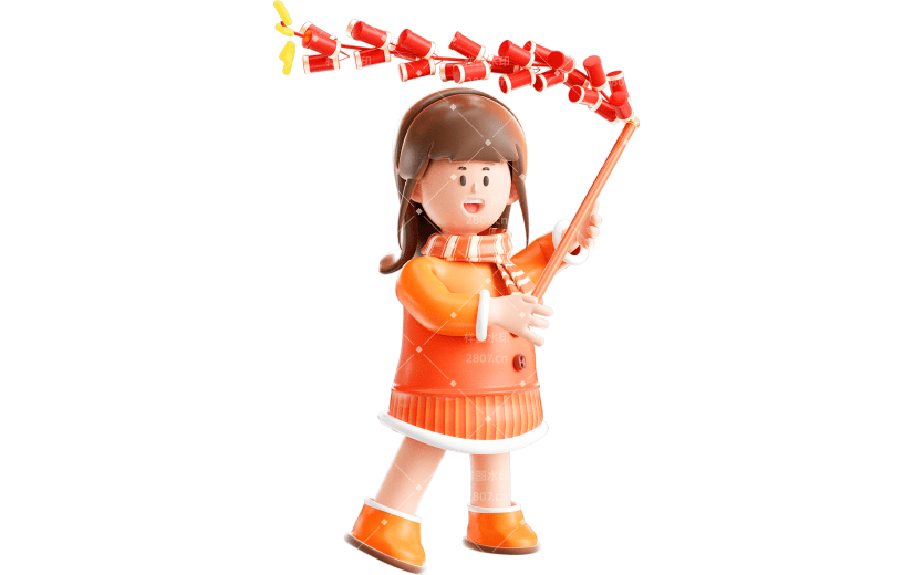 红色新年女孩玩鞭炮3D元素