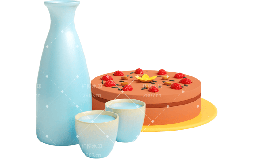 元素C4D立体蓝色卡通重阳节酒和糕点