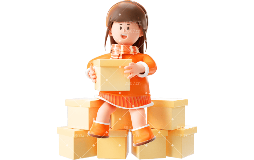 红色简约风新年女孩拿包裹3D元素