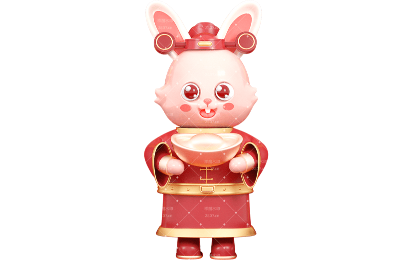 C4D红色喜庆财神兔子元宝3D元素