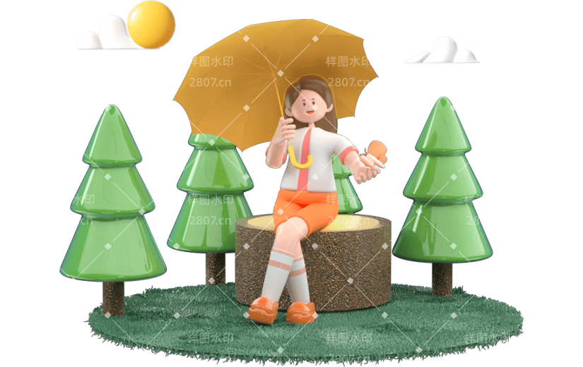C4D绿色清新女孩森林打伞3D元素