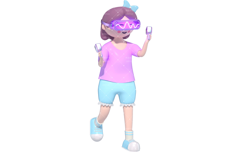 3D立体卡通创意玩VR游戏的女孩人物元素