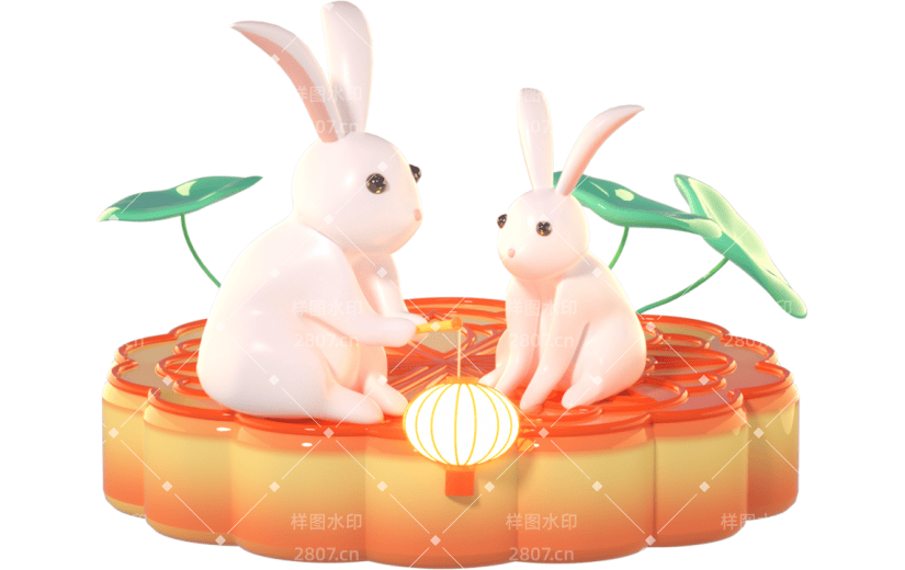 3D立体卡通创意中秋节提灯兔子月饼元素