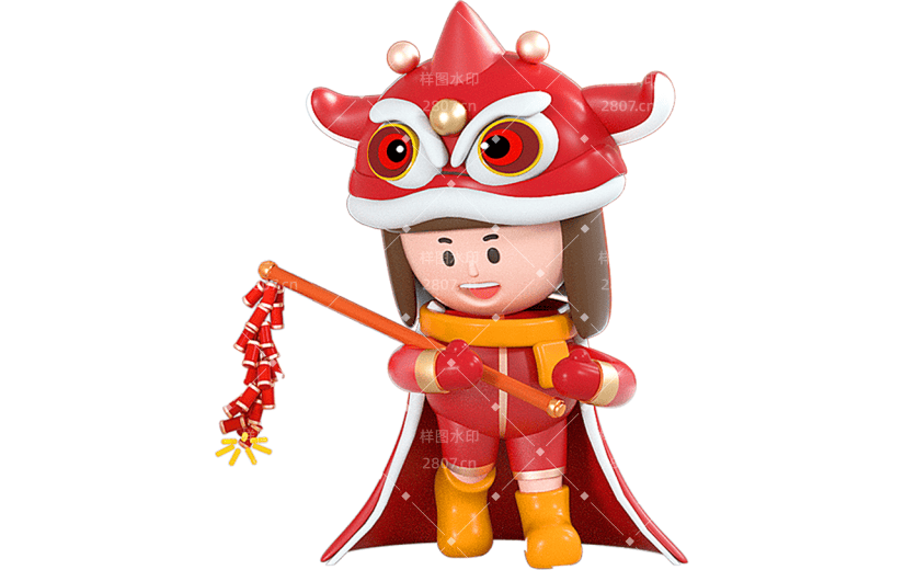 C4D狮子头女孩放鞭炮新年喜庆3D元素