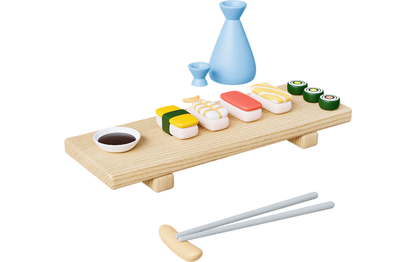 元素   Blender立体  米色和淡蓝色   3D   美味寿司和清酒