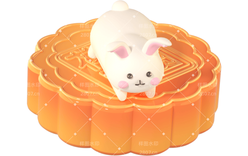 3D立体卡通创意中秋节趴在月饼上的兔子元素