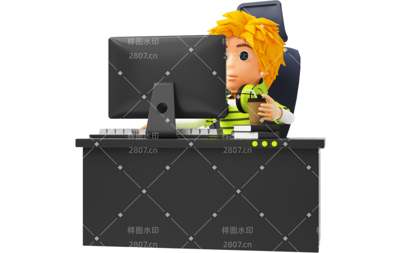 元素C4D立体黑色卡通男孩喝咖啡玩电脑
