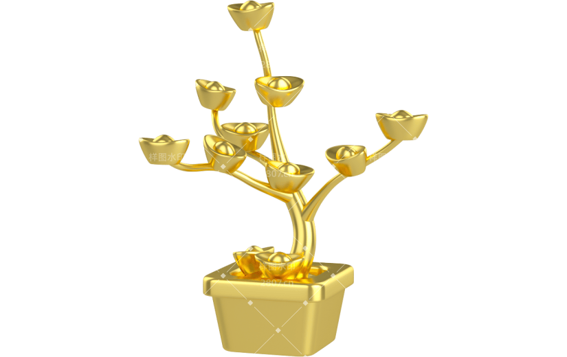 元素3D金色元宝发财树财富盆栽