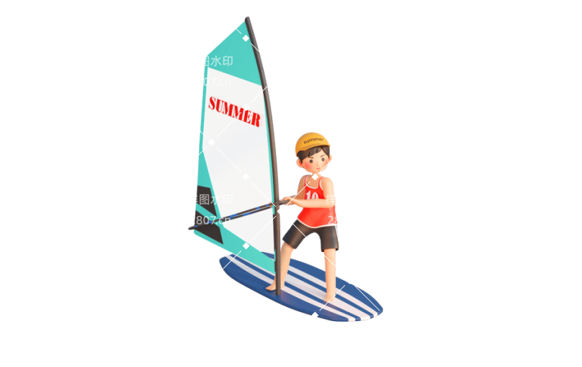 夏天冲浪帆板卡通3D人物形象
