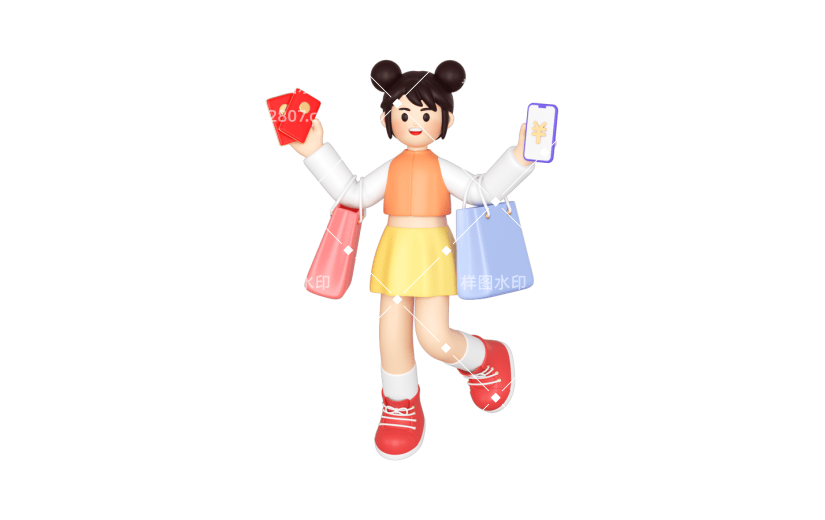 C4D购物人物女孩红包手提袋