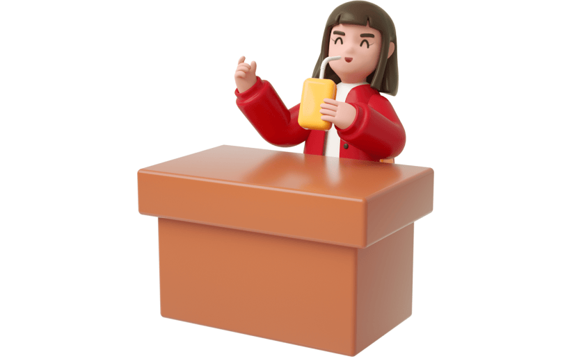元素C4D立体红色卡通女孩喝饮料