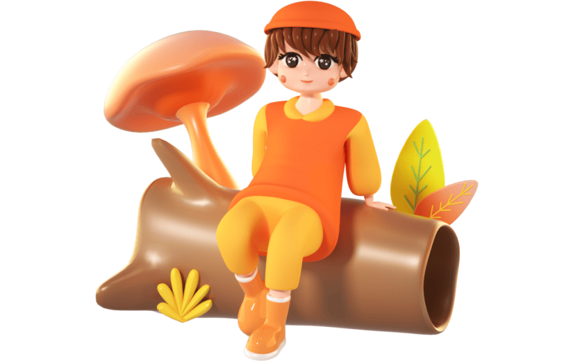 3D立体卡通创意秋季坐在树墩上的小孩人物元素