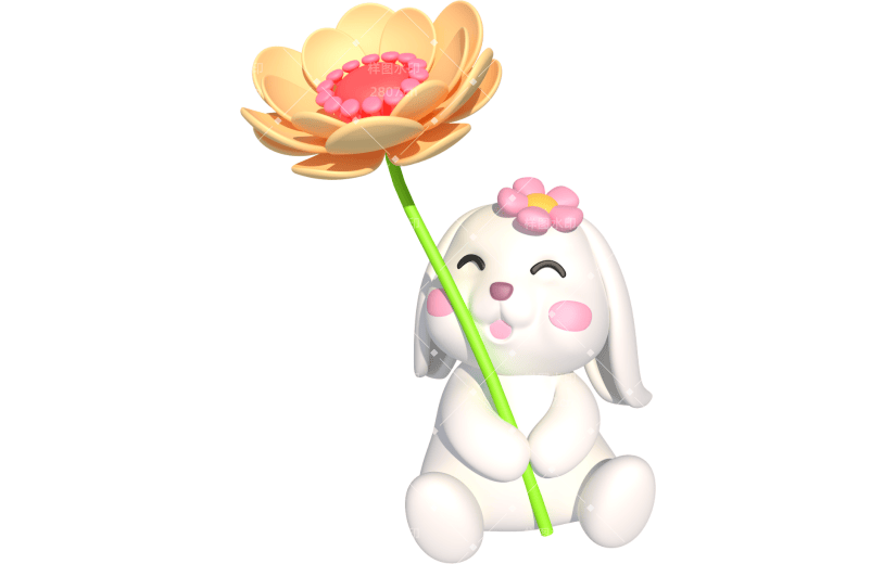 元素卡通3D兔子手拿花朵