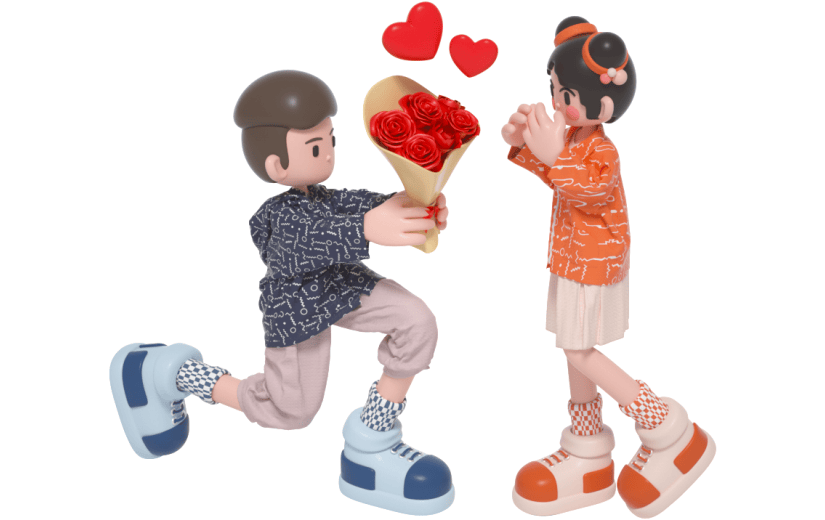 元素3D卡通情侣小人求爱求婚情人节送花