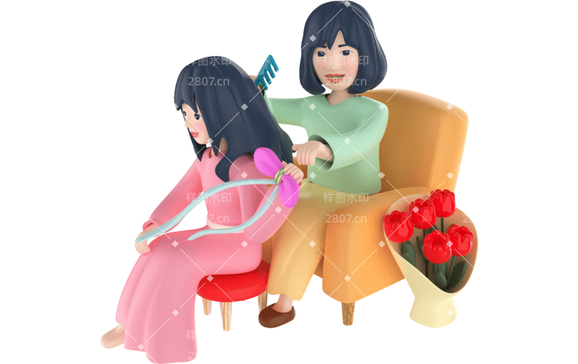 元素3D立体母亲节母亲女儿梳发立体人物元素
