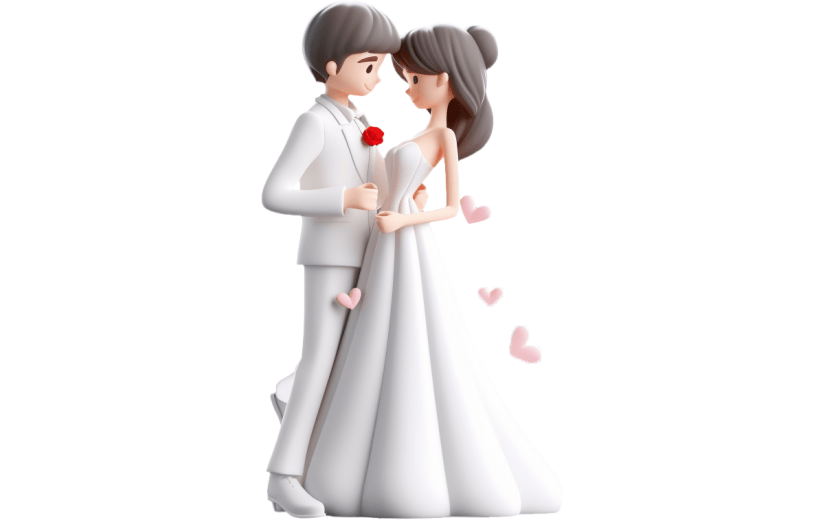 元素3D立体卡通穿婚纱的情侣