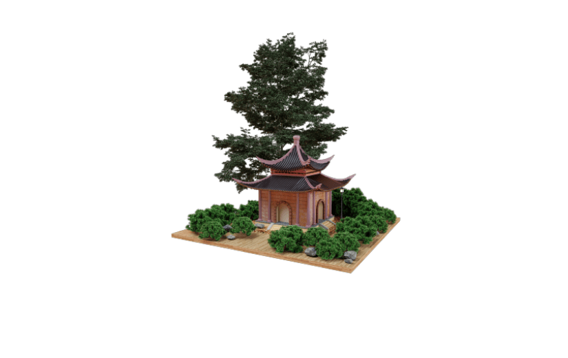 C4D创意绿植环绕古风建筑小场景