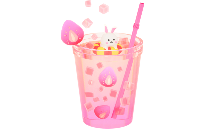 3D立体卡通创意兔子游泳的草莓冰饮元素