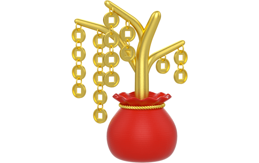 元素3D金色发财金币树钱袋盆栽