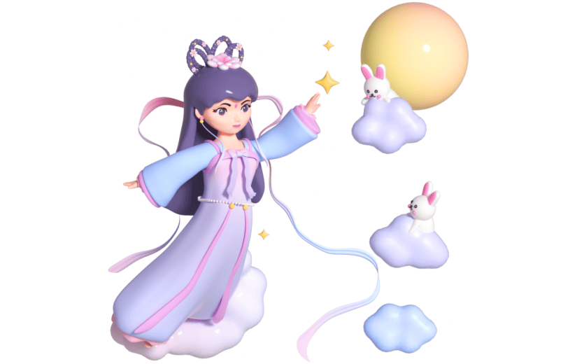 3D立体卡通创意中秋节嫦娥奔月古风人物元素