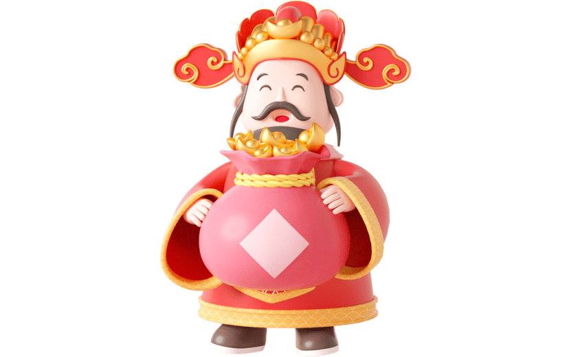 元素C4D立体红色卡通新年财神爷双手捧福袋