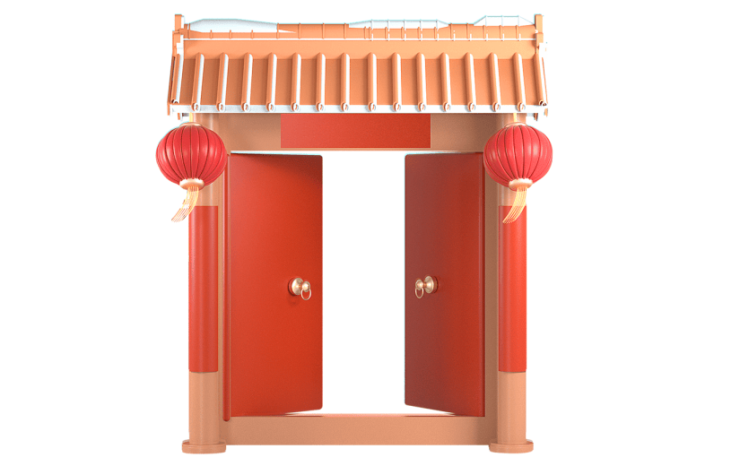 C4D红色喜庆房屋大门围墙中国风建筑3D元素