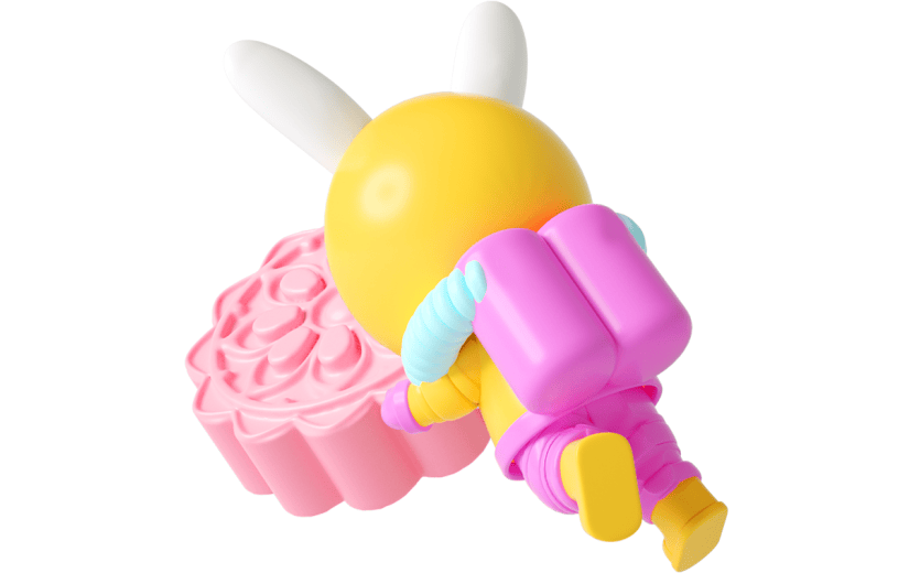 元素C4D立体粉色卡通中秋玉兔宇航员月饼